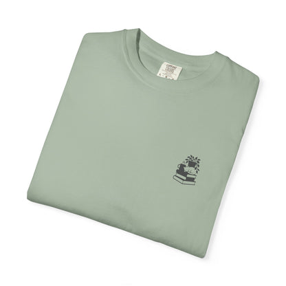 Cozy Cat on Books T-Shirt | Reading Tea Stack Illustration