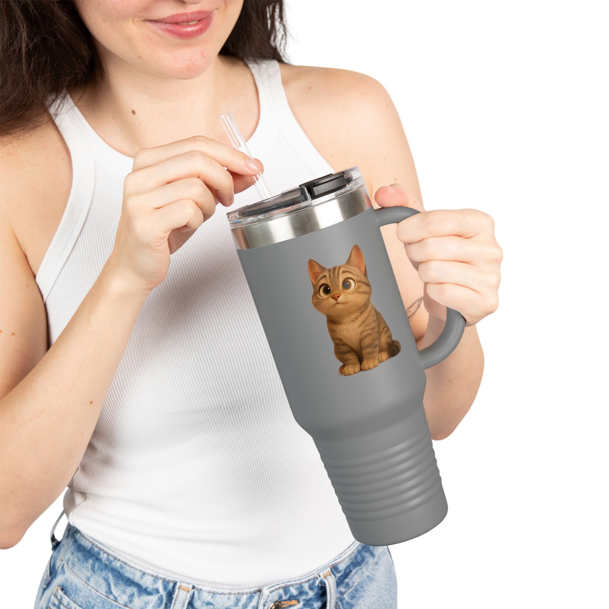 Cute Cat Insulated Travel Mug, Perfect for Pet Lovers, 40oz Coffee Cup, Travel Tumbler, Gift for Cat Lovers, Customizable Mug - TRV