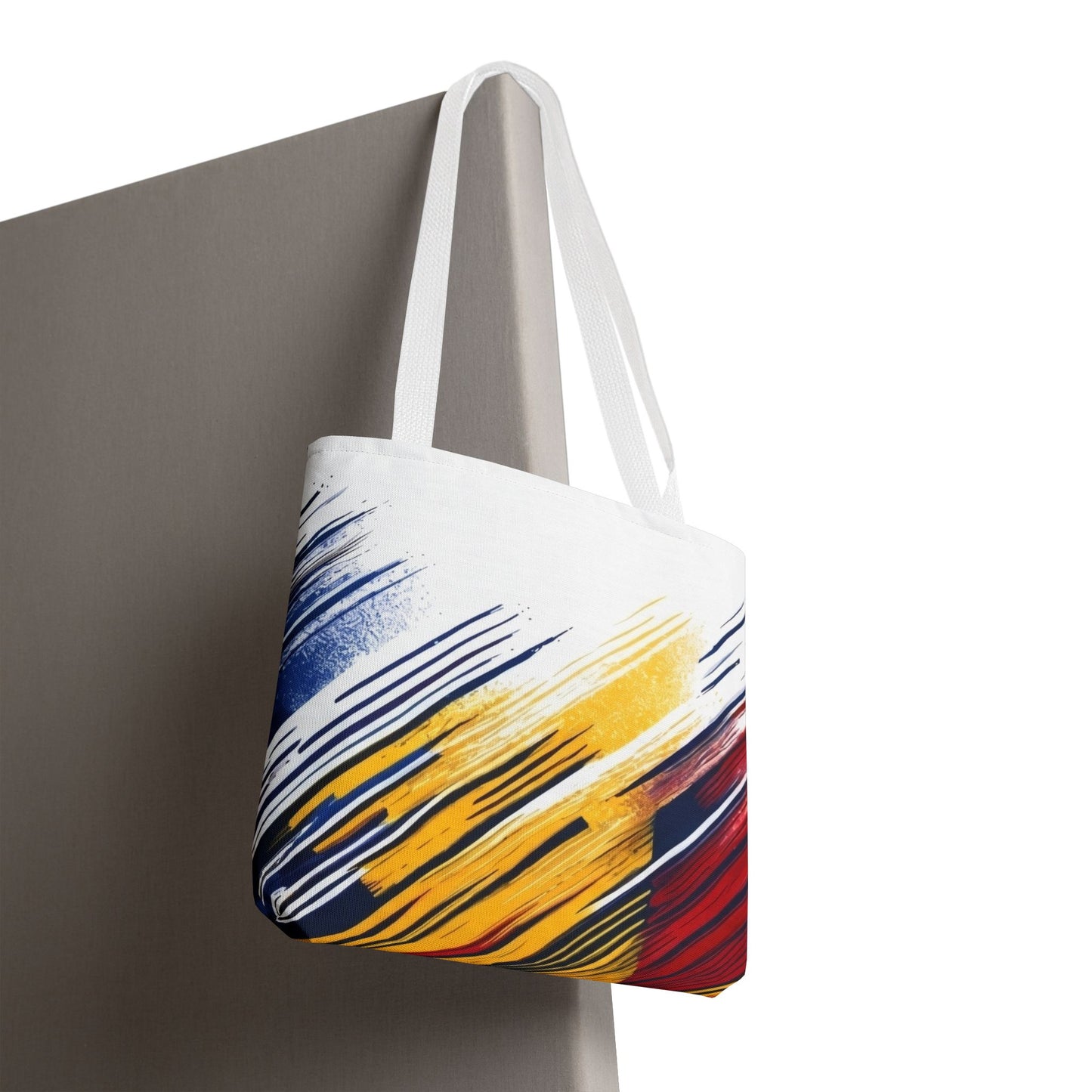 Abstract Brushstroke Tote Bag - Bold Red, Yellow & Blue All-Over Print