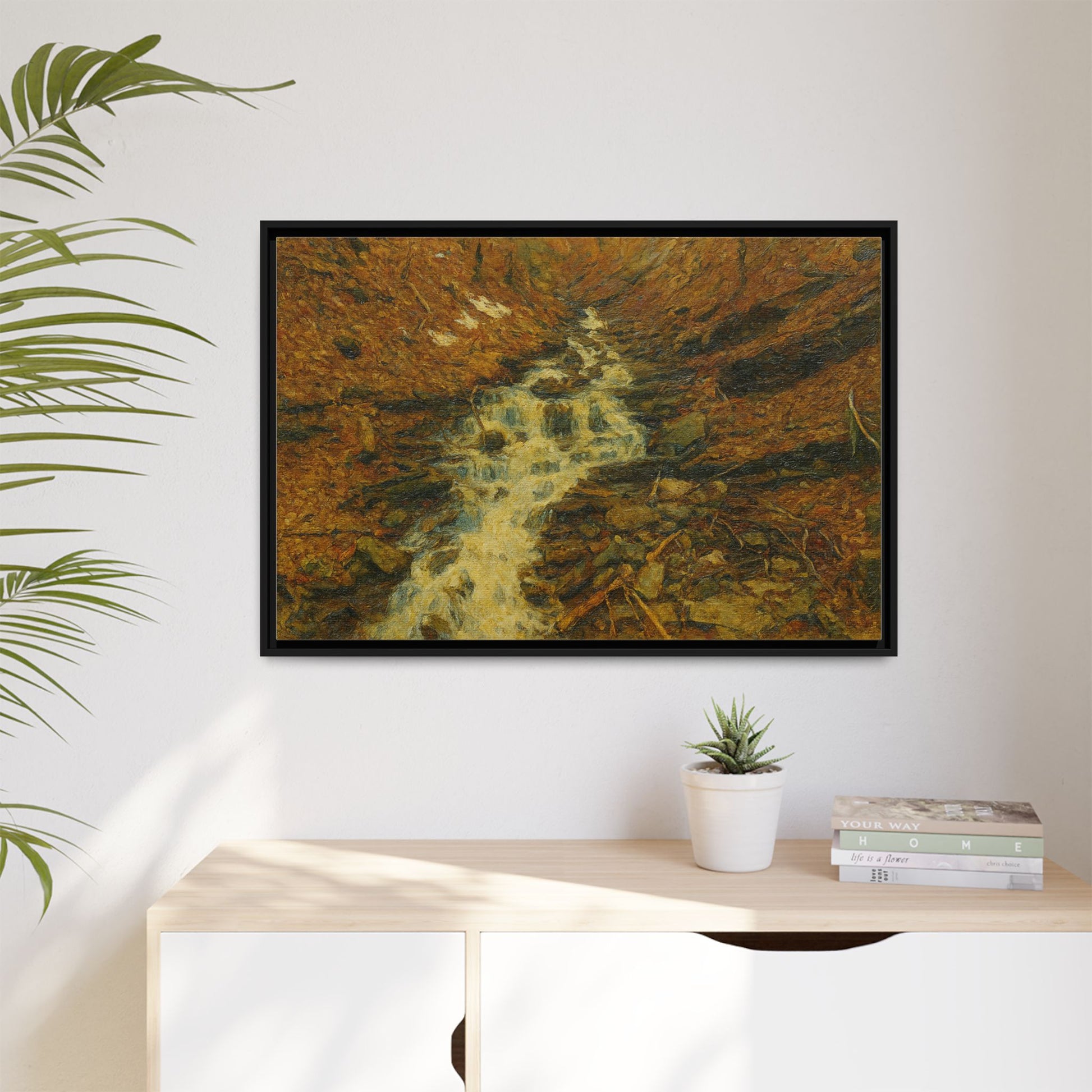 Serene Abstract Nature Canvas Art, Framed Wall Decor, Rustic Home Accent, Earthy Tone Artwork, Tranquil River Scene - TRV