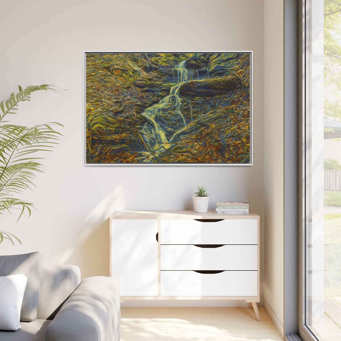 Van Gogh Style Framed Matte Canvas Art Print - Nature-Inspired Wall Decor, Abstract Waterfall Artwork, Home Office Decoration - TRV