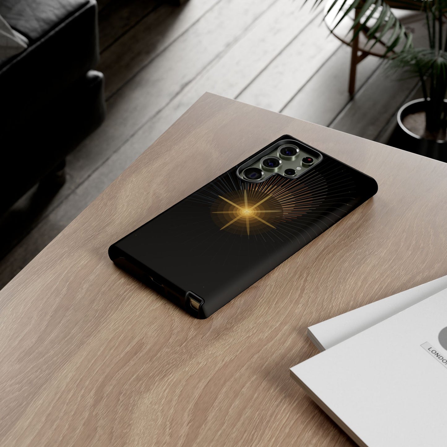 Tough Cases - Radiant Star Phone Case, Protective Black Shockproof Cover with Golden Light Design