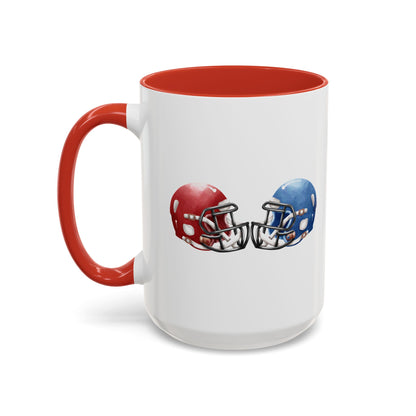 Football Helmet Coffee Mug — Red vs Blue Rivalry Accent Mug (11/15oz)