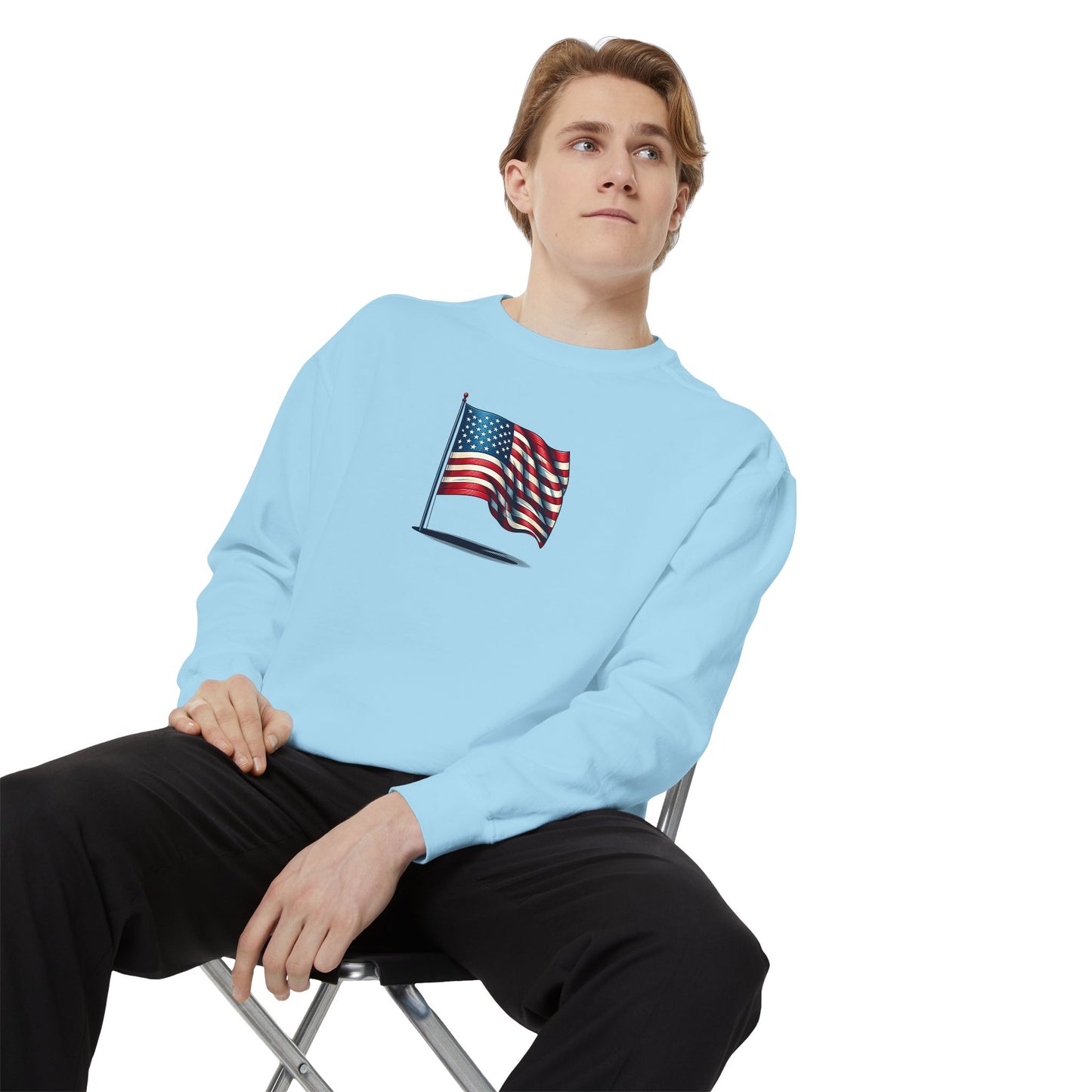 Patriotic Unisex Garment-Dyed Sweatshirt with Vintage American Flag, Cozy Fall Outfit, Statement Sweater, Gift for Veterans, Casual Fashion - TRV