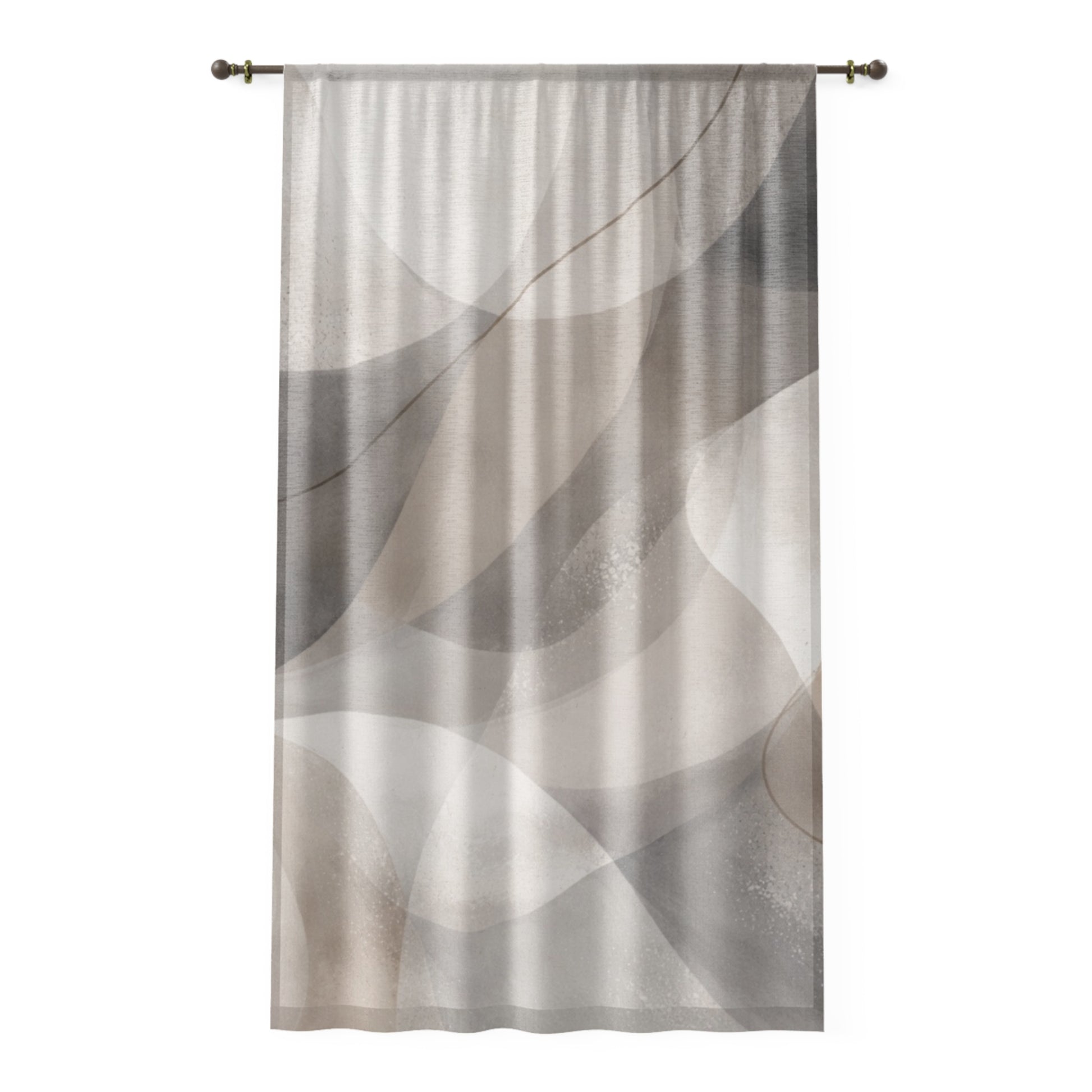 Light-filtering sheer window curtain with abstract neutral wave and geometric patterns, ideal for modern home decor.