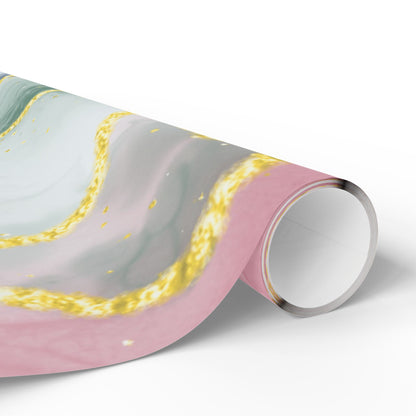 Marble Swirl Wrapping Paper Roll — Pink, Green & Gold Abstract Gift Wrap