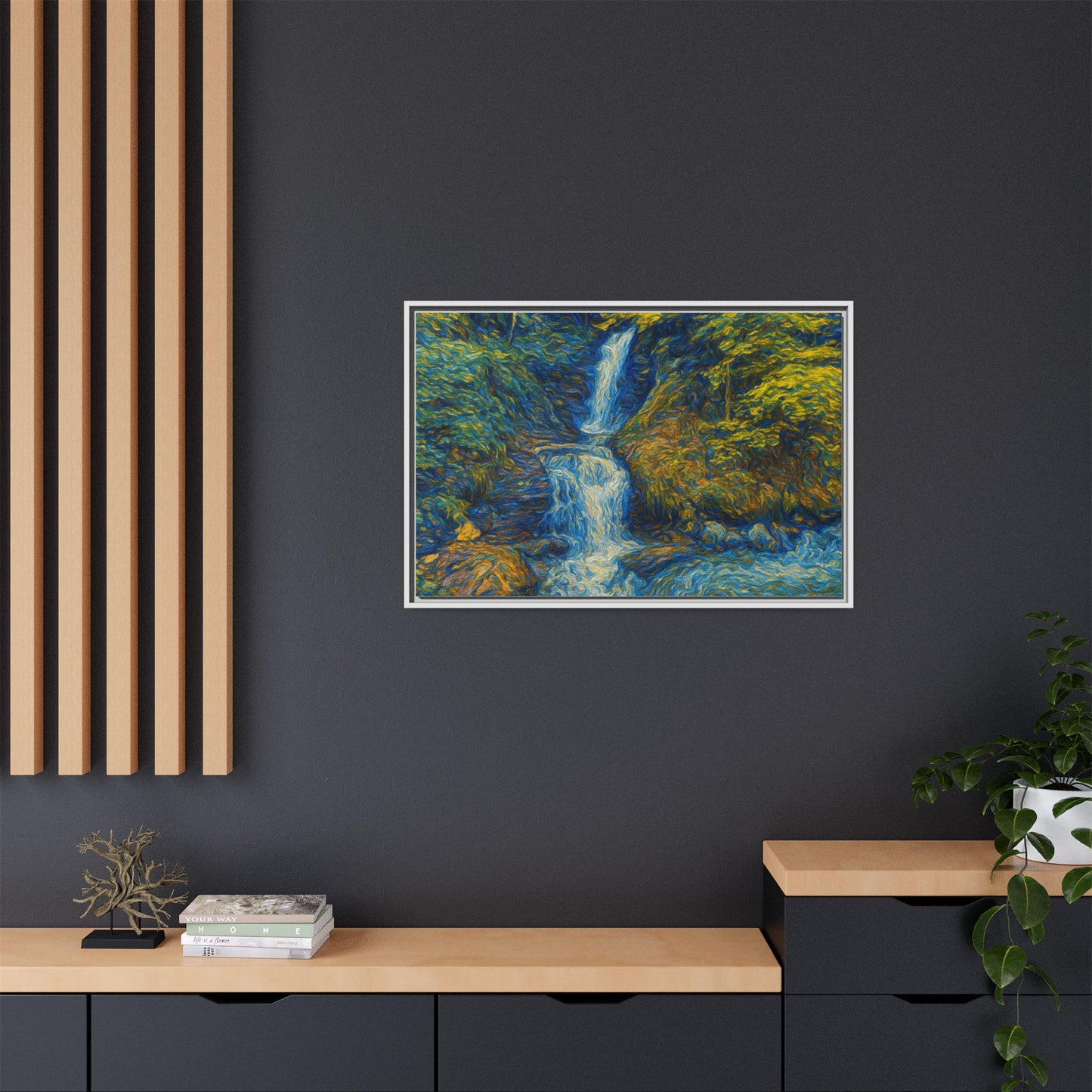 Framed Canvas Art, Majestic Van Gogh Style Waterfall Landscape Wall Decor, Nature Lover Gift, Home Office Artwork, Living Room Decoration - TRV