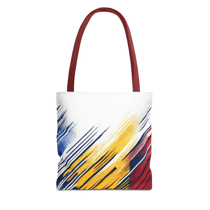 Abstract brushstroke print tote bag in bold red, yellow, and blue colors, featuring a stylish all-over design by Printify.