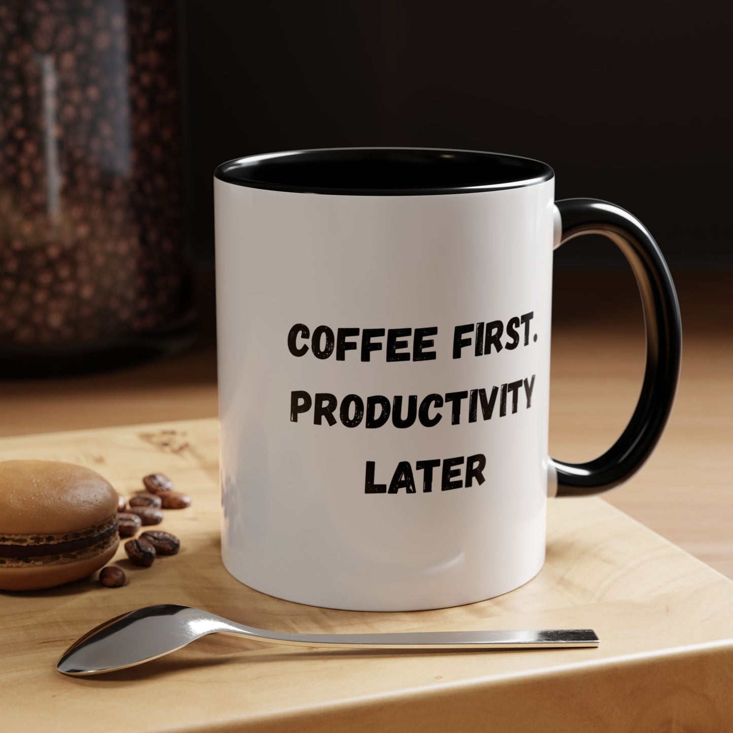 Coffee First Productivity Later Mug - Fun Office Gift, Motivational Coffee Cup, Black Handle Mug, Home Office Decor, Thoughtful Gift