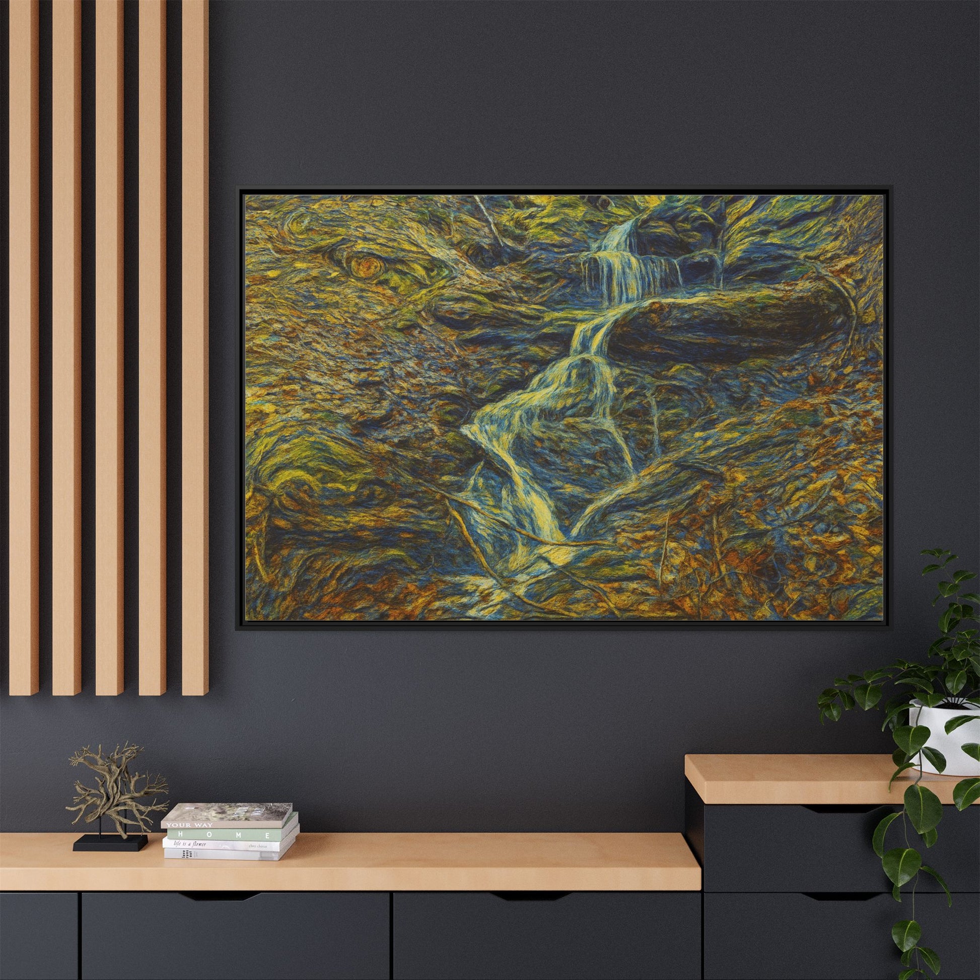 Van Gogh Style Framed Matte Canvas Art Print - Nature-Inspired Wall Decor, Abstract Waterfall Artwork, Home Office Decoration - TRV