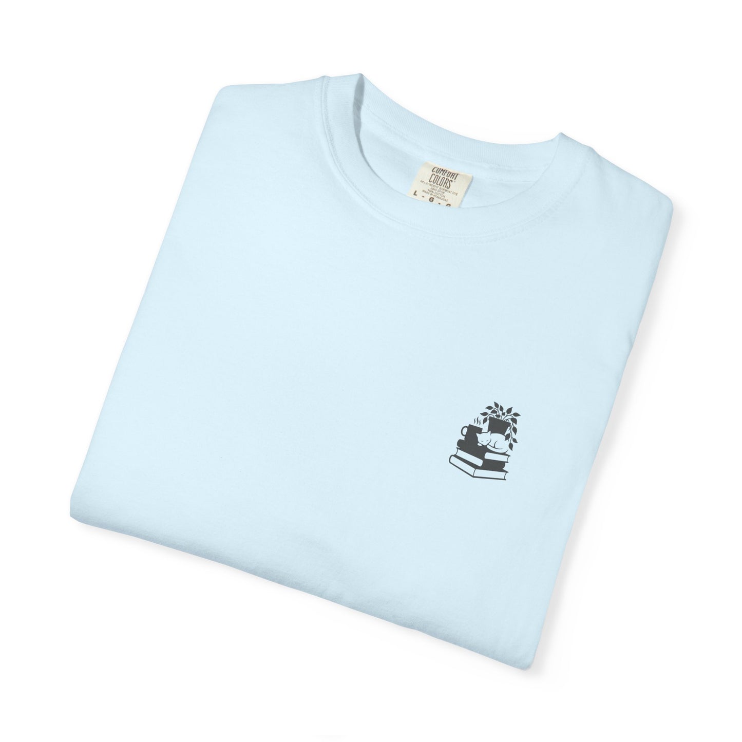 Cozy Cat on Books T-Shirt | Reading Tea Stack Illustration