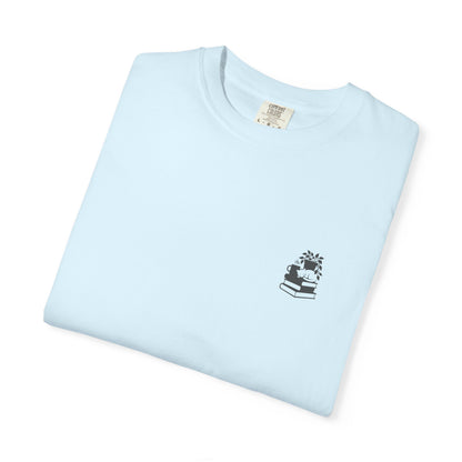 Cozy Cat on Books T-Shirt | Reading Tea Stack Illustration
