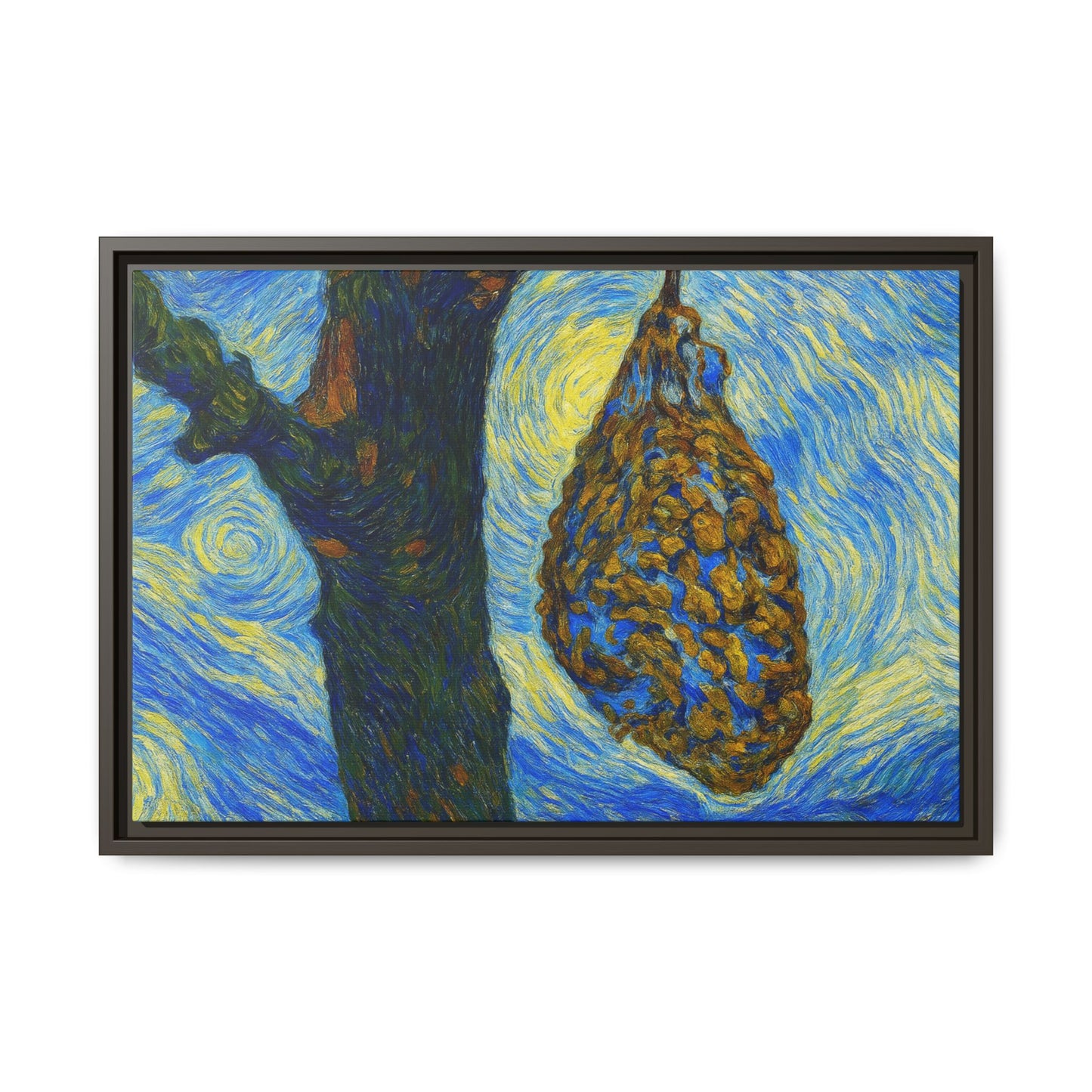 Framed Matte Canvas Art — Van Gogh-Style Swirling Night with Hanging Beehive