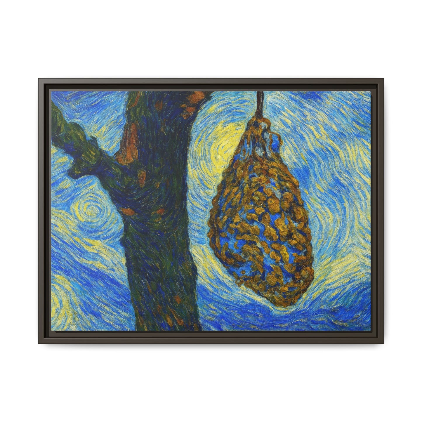 Framed Matte Canvas Art — Van Gogh-Style Swirling Night with Hanging Beehive