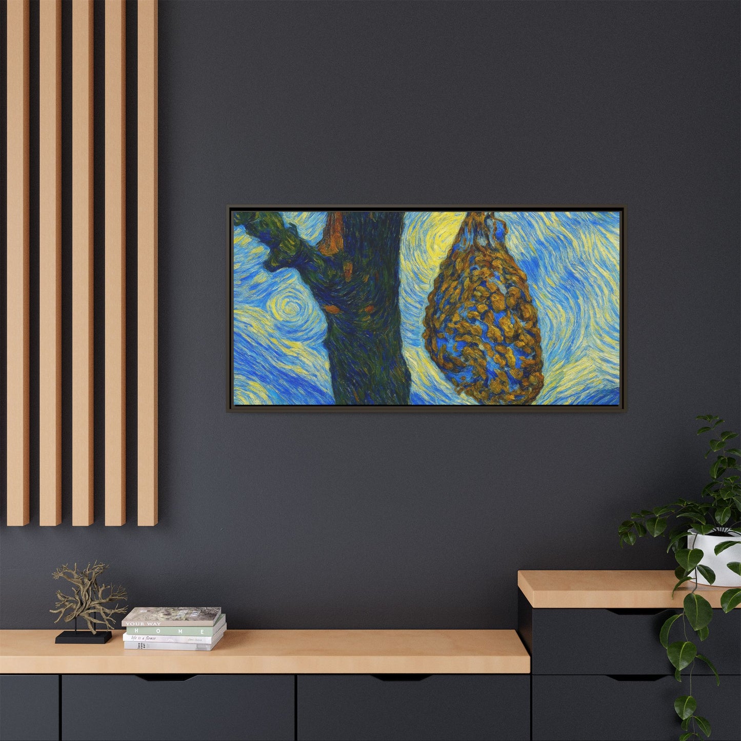 Framed Matte Canvas Art — Van Gogh-Style Swirling Night with Hanging Beehive