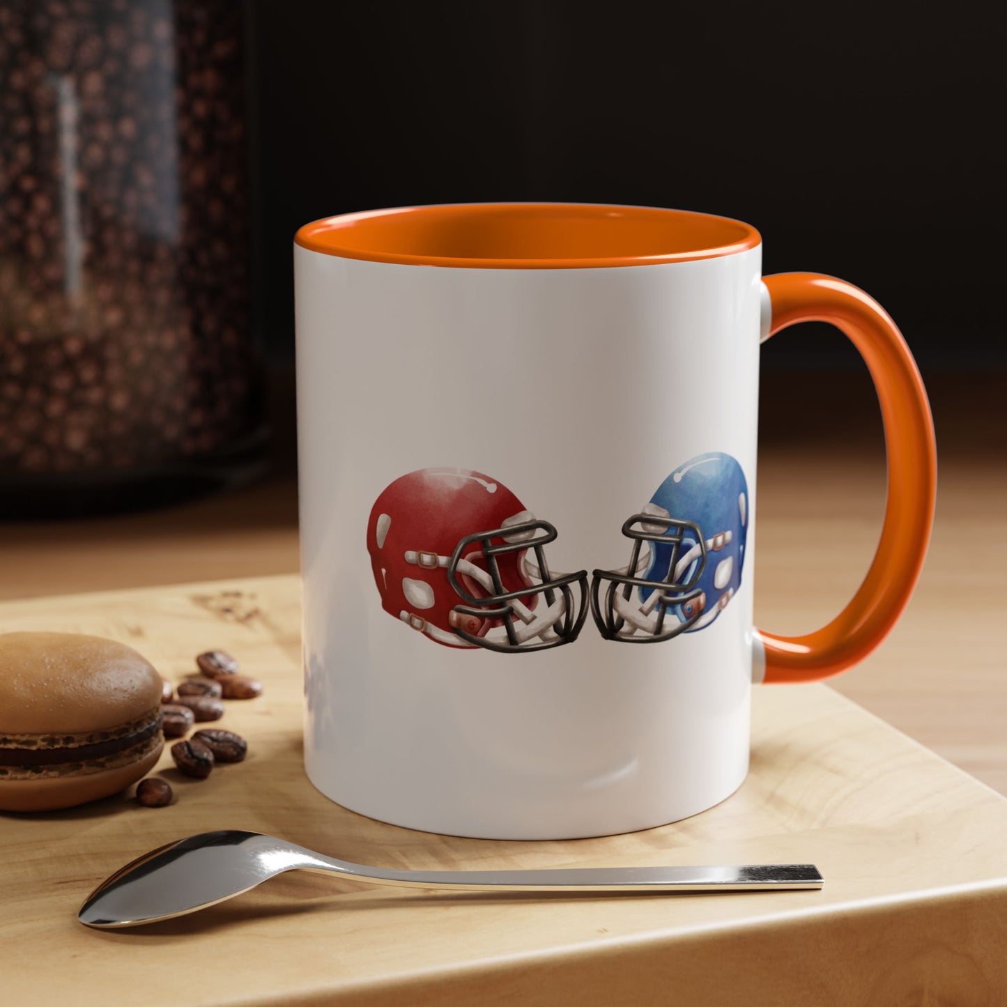 Football Helmet Coffee Mug — Red vs Blue Rivalry Accent Mug (11/15oz)
