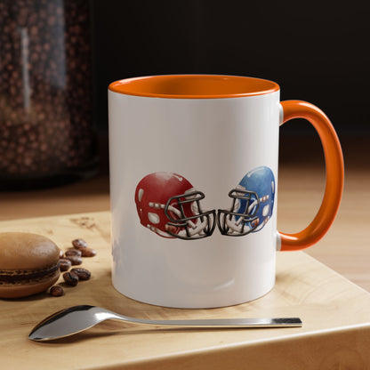 Football Helmet Coffee Mug — Red vs Blue Rivalry Accent Mug (11/15oz)