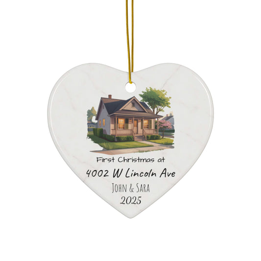 Custom House Illustration Ceramic Ornament | Personalized Address & Names, 2-Side Christmas Ornament - TRV