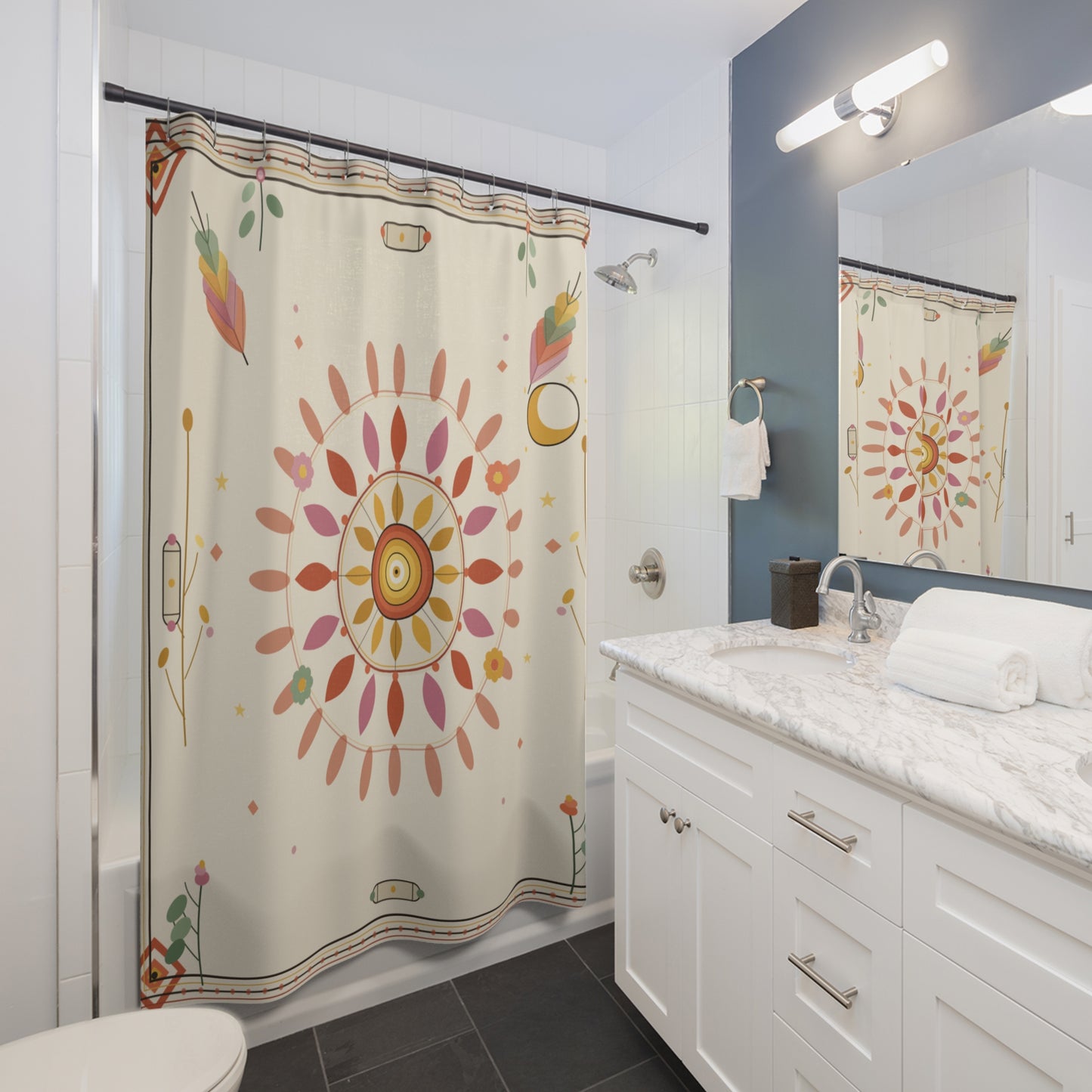 Boho Floral Mandala Shower Curtain | Neutral Pink Yellow Sunburst