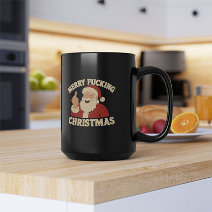 Irreverent Merry Christmas Mug — Funny Santa Coffee Mug (Black, 11/15oz)