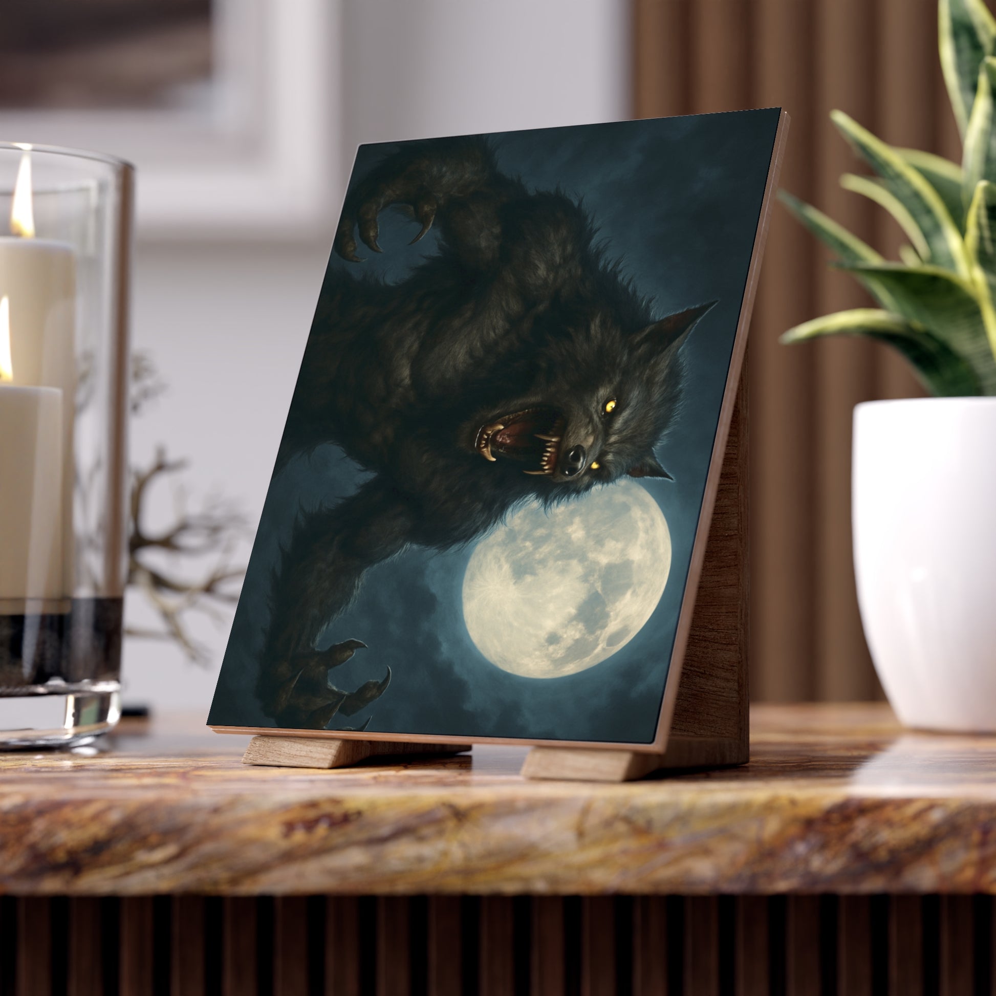 Werewolf Ceramics Decor, Unique Wolf Moon Tile, Gothic Home Accents, Halloween Gift, Dark Art Decoration, Spooky Wall Art - TRV