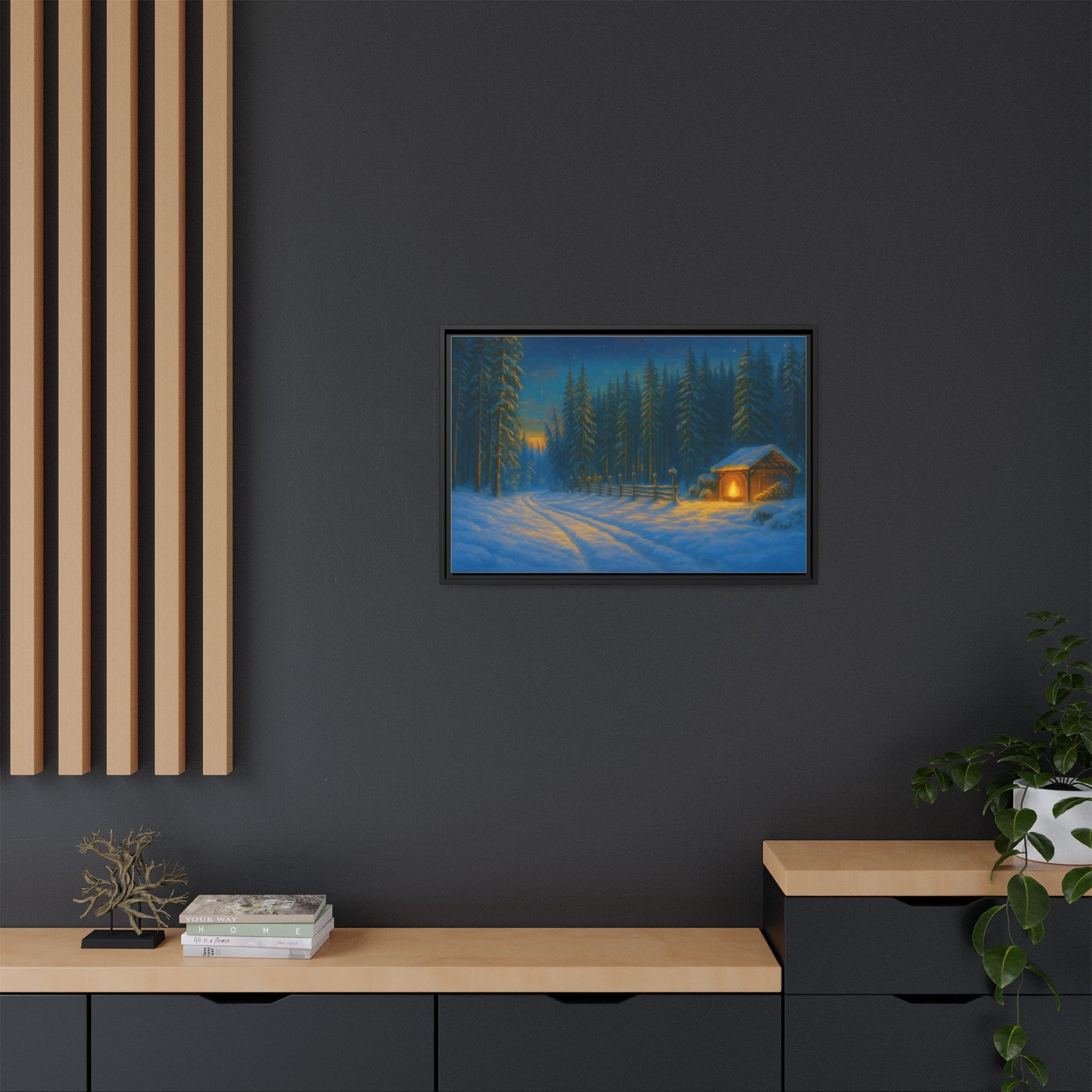 Framed Winter Landscape Canvas, Cozy Cabin Art, Christmas Decor, Winter Home Decor, Holiday Gift, Wall Art - TRV