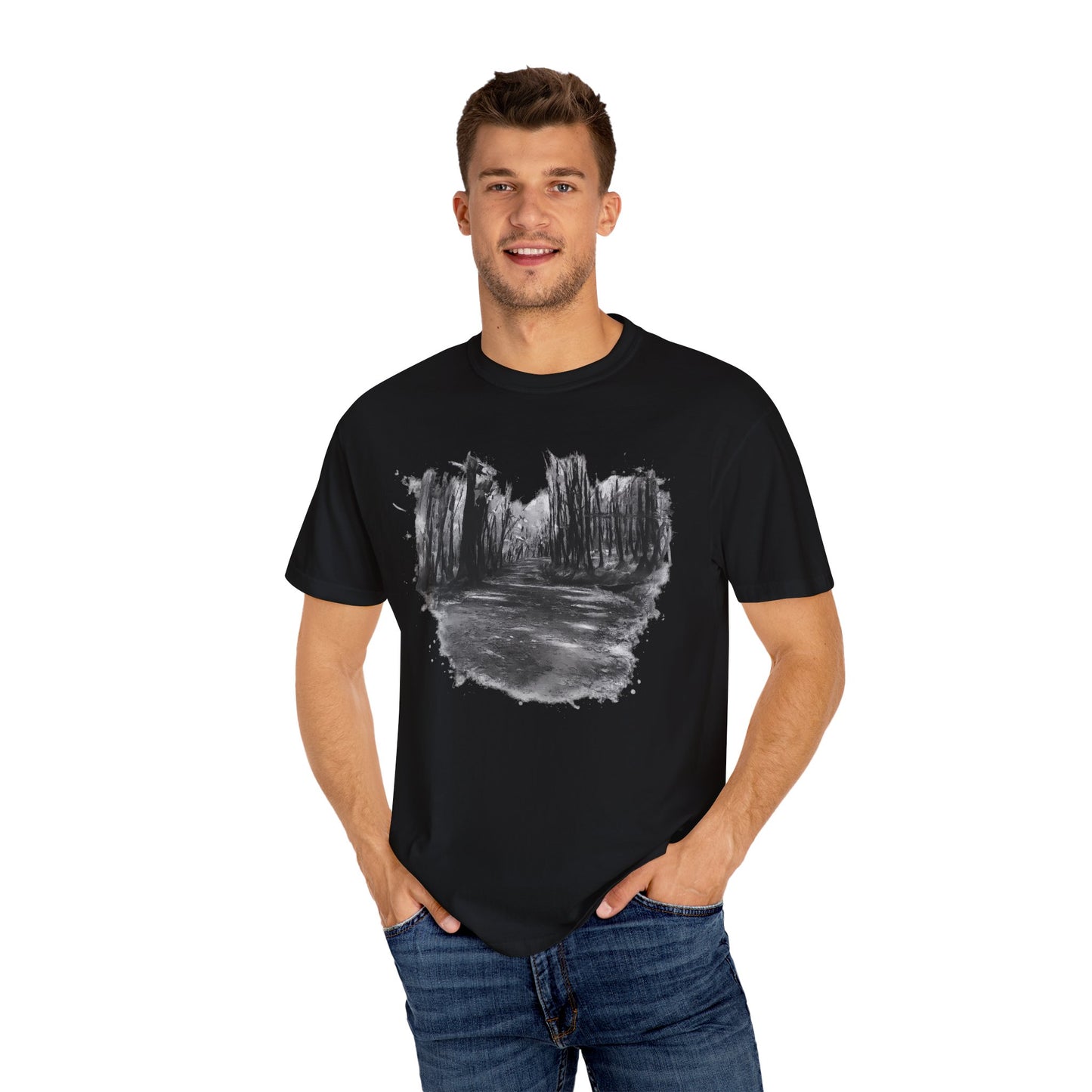 Artistic Forest Scene T-shirt | Nature Lover Gift, Outdoor Adventure Tee, Eco-Friendly Fashion, Vintage Inspired Clothing, Unisex Gift - TRV