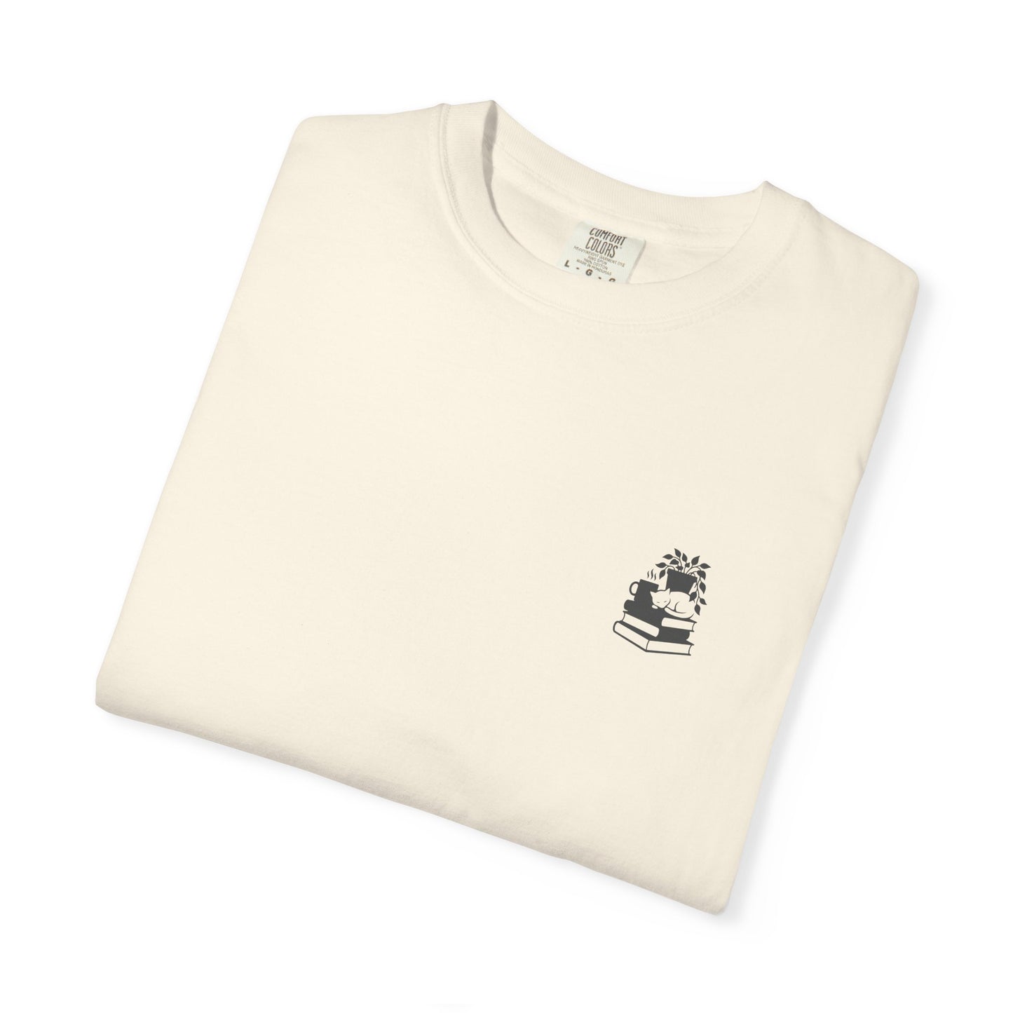 Cozy Cat on Books T-Shirt | Reading Tea Stack Illustration