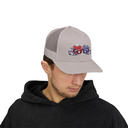 Sporty Snapback Trucker Cap with Football Helmets, Baseball Cap, Outdoor Activity Hat, Gift for Sports Fans, Team Spirit Wear - TRV