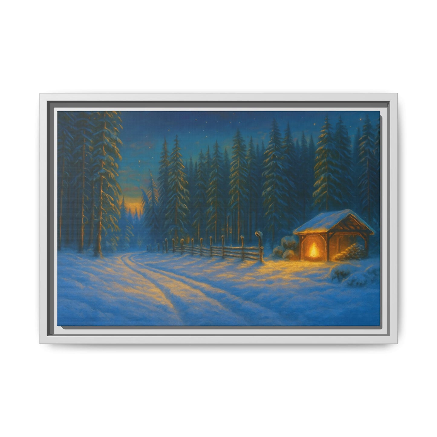 Framed Winter Landscape Canvas, Cozy Cabin Art, Christmas Decor, Winter Home Decor, Holiday Gift, Wall Art - TRV