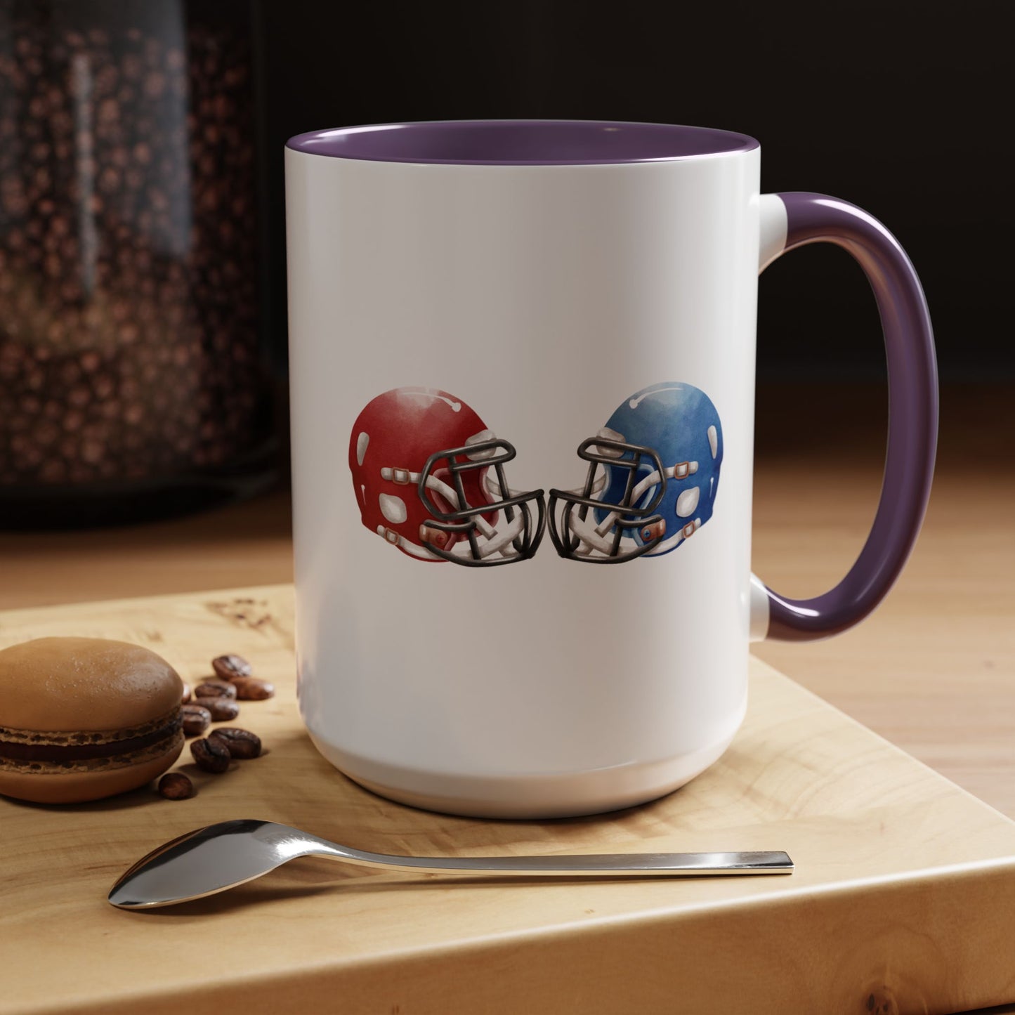 Football Helmet Coffee Mug — Red vs Blue Rivalry Accent Mug (11/15oz)
