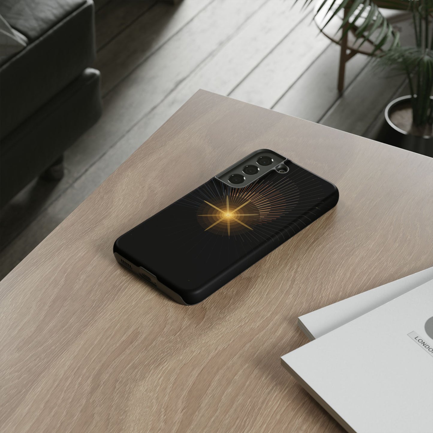 Tough Cases - Radiant Star Phone Case, Protective Black Shockproof Cover with Golden Light Design