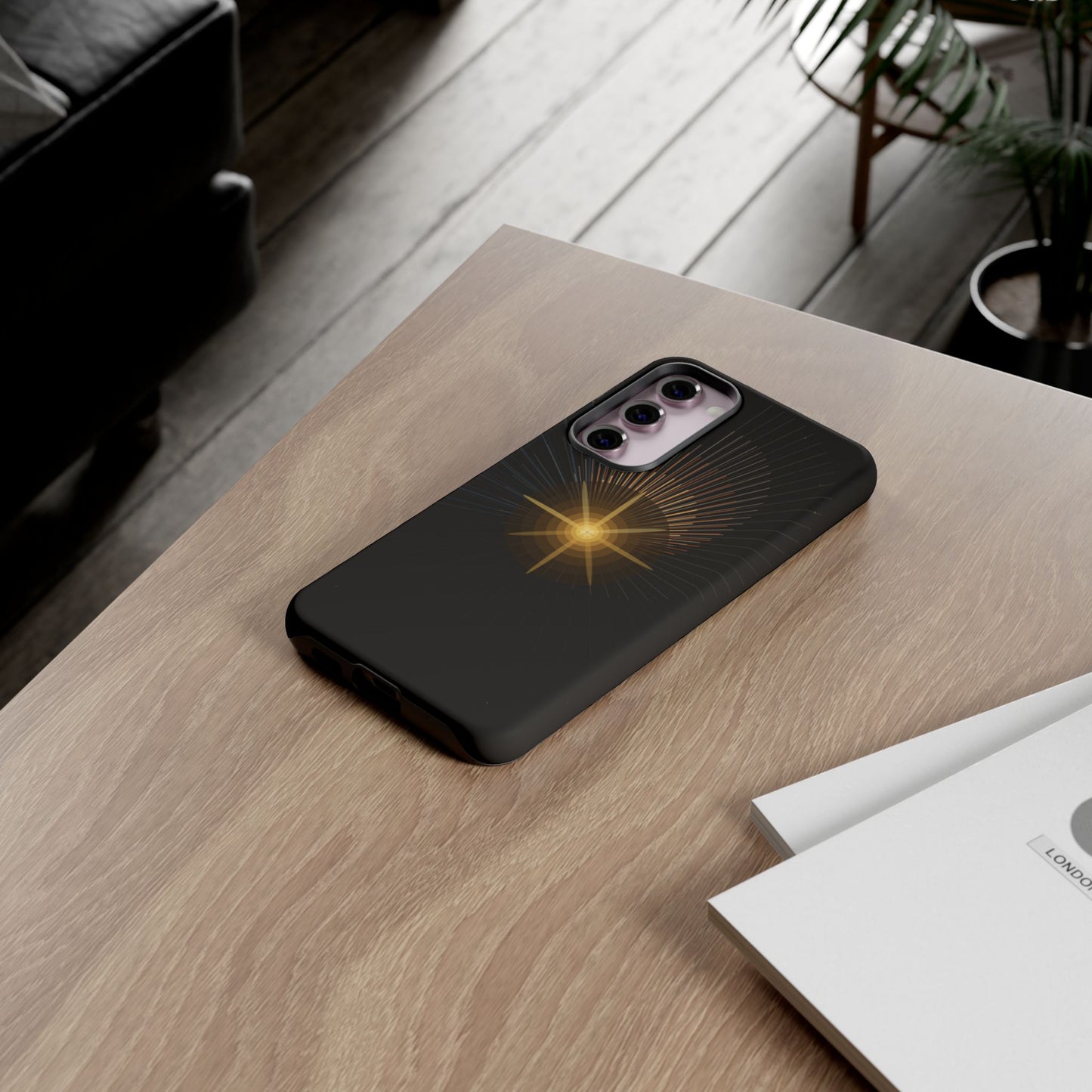 Tough Cases - Radiant Star Phone Case, Protective Black Shockproof Cover with Golden Light Design