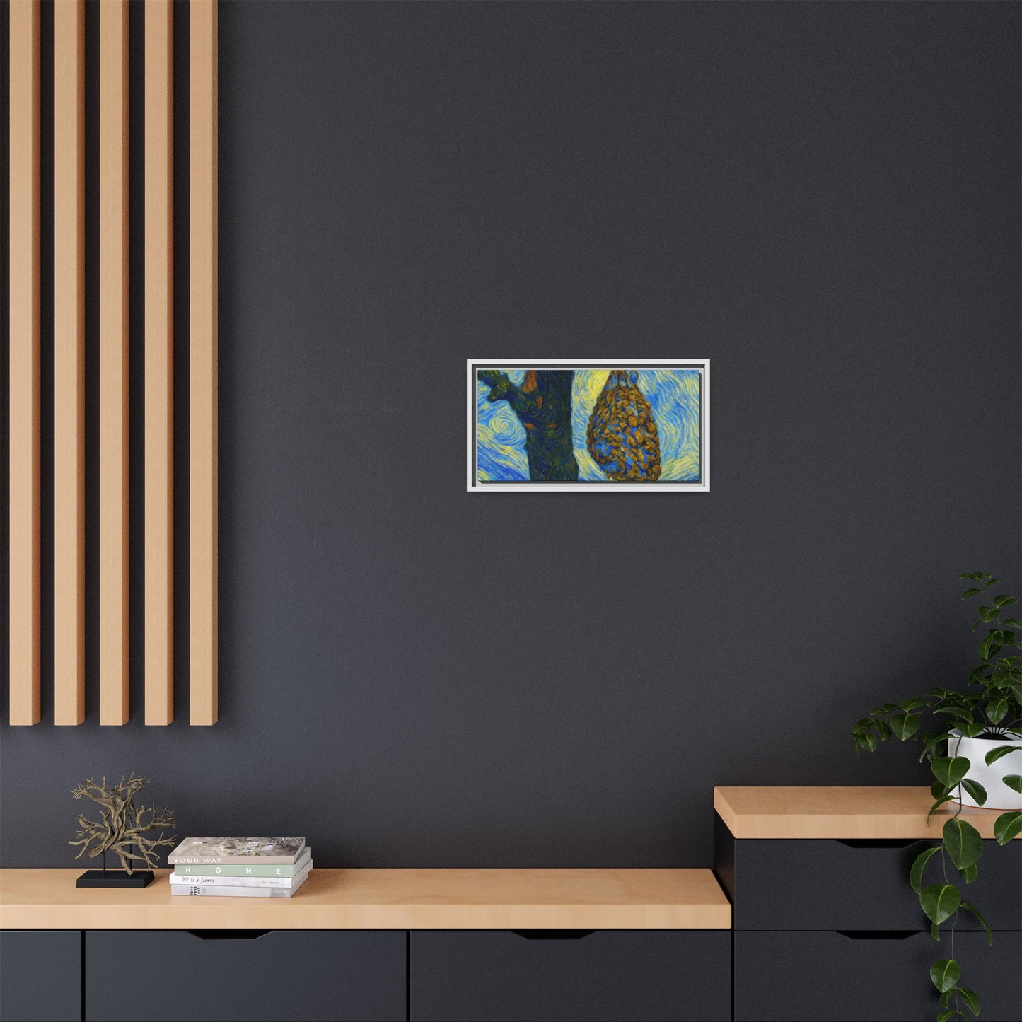 Framed Matte Canvas Art — Van Gogh-Style Swirling Night with Hanging Beehive