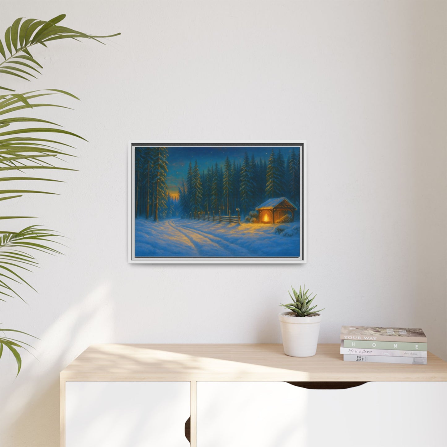 Framed Winter Landscape Canvas, Cozy Cabin Art, Christmas Decor, Winter Home Decor, Holiday Gift, Wall Art - TRV