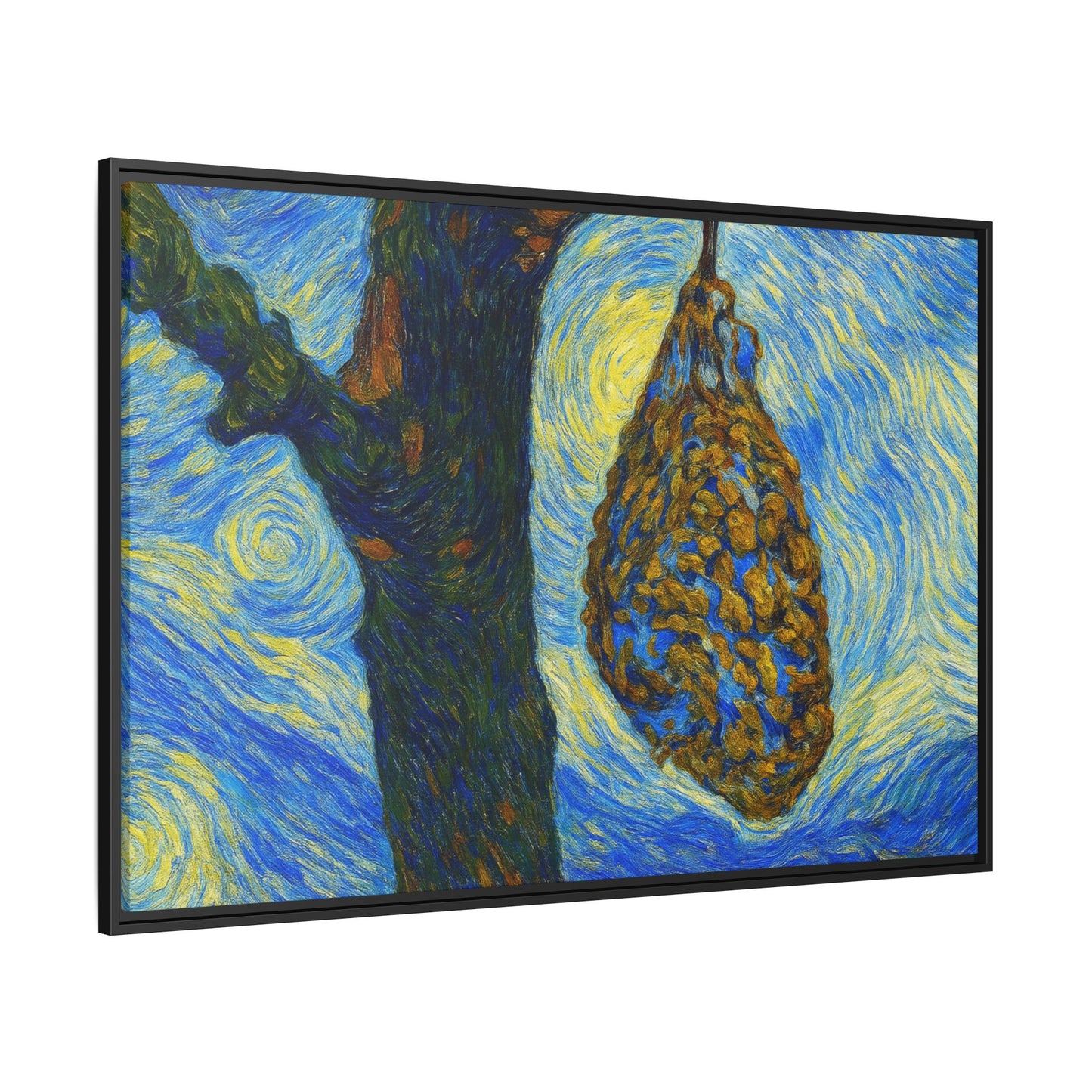 Framed Matte Canvas Art — Van Gogh-Style Swirling Night with Hanging Beehive