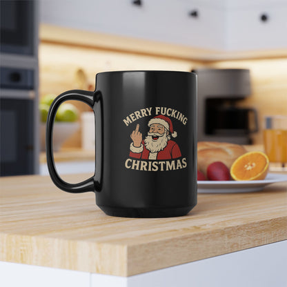 Irreverent Merry Christmas Mug — Funny Santa Coffee Mug (Black, 11/15oz)