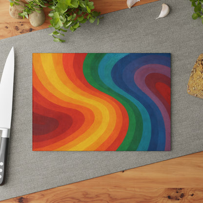 Glass Cutting Board — Retro Rainbow Wave Tempered Glass Chopping Board
