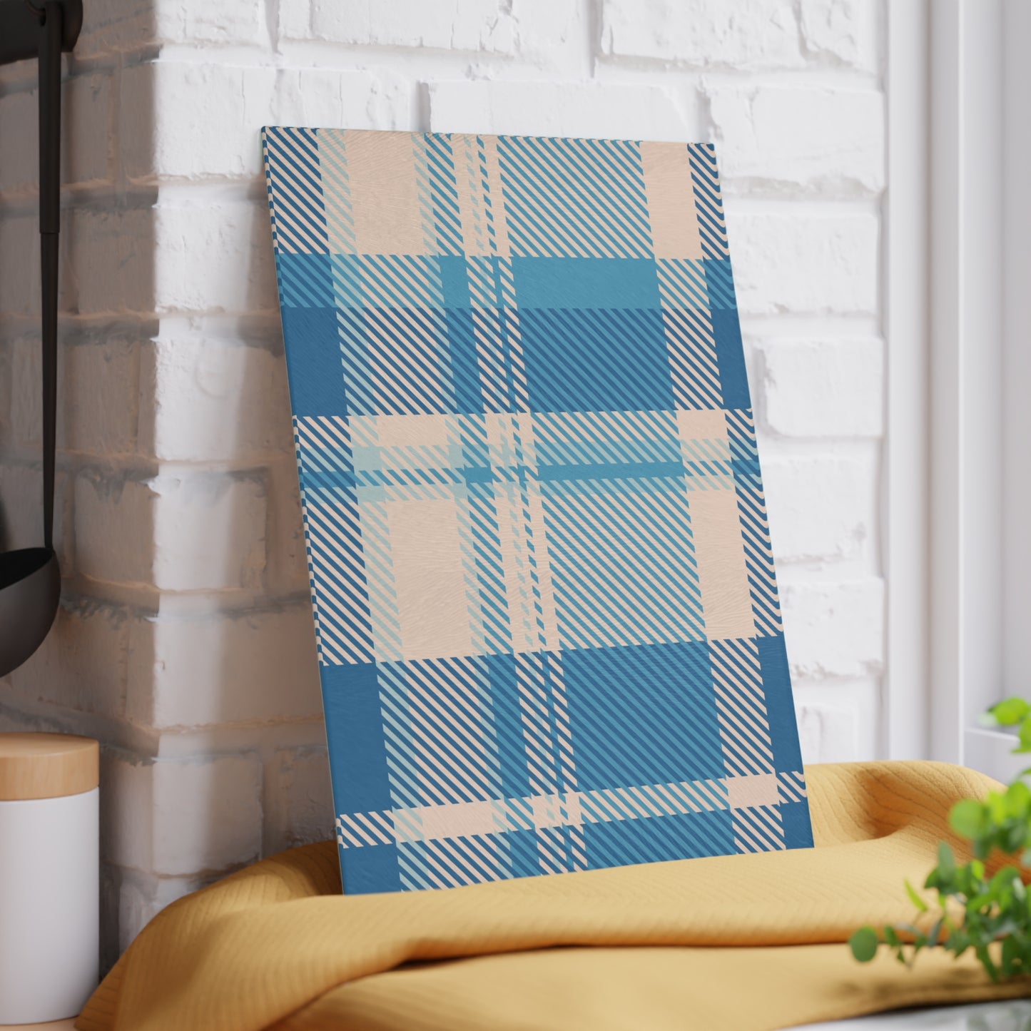 Blue Plaid Glass Cutting Board — Pastel Kitchen Chopping Board