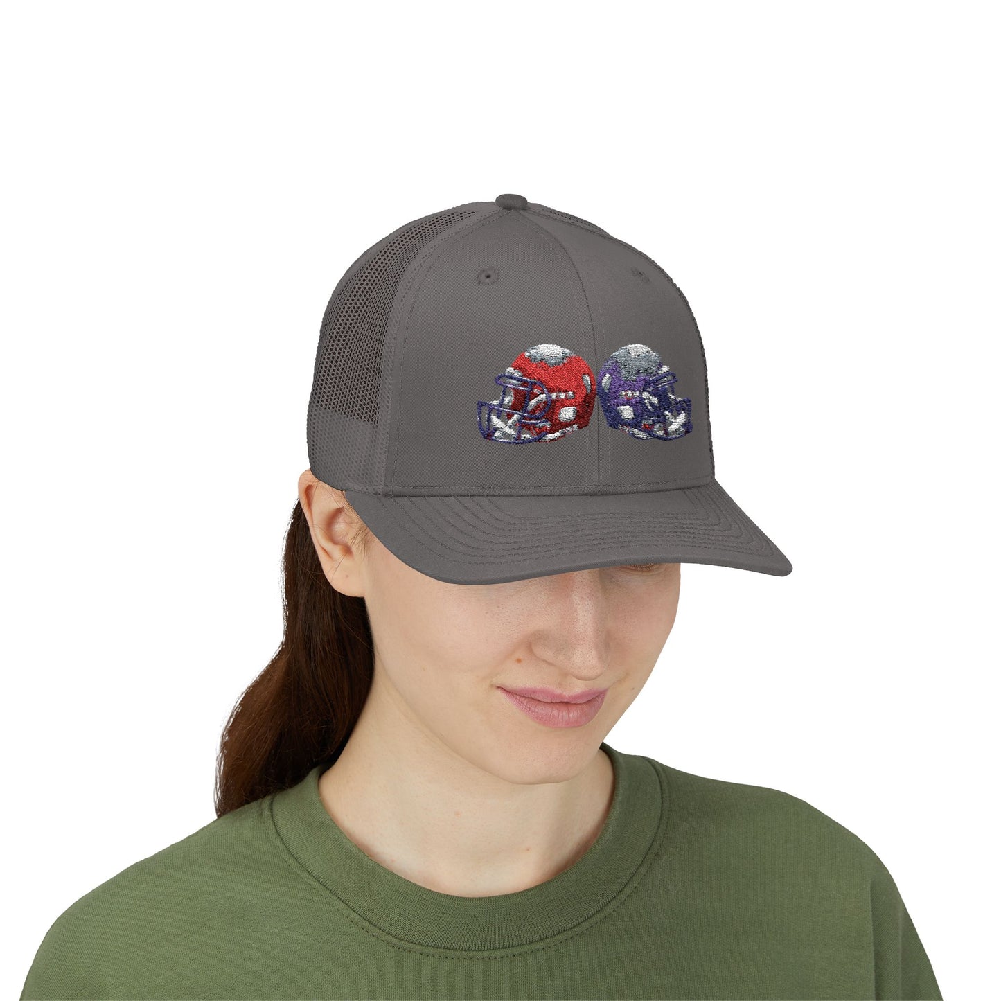 Sporty Snapback Trucker Cap with Football Helmets, Baseball Cap, Outdoor Activity Hat, Gift for Sports Fans, Team Spirit Wear - TRV