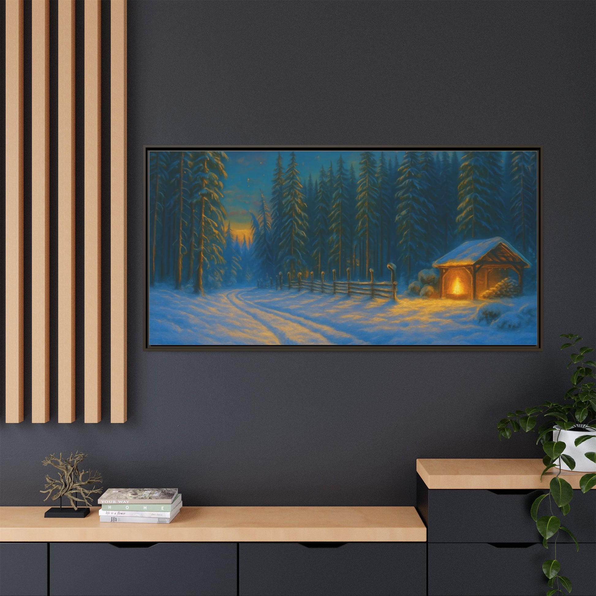Framed Winter Landscape Canvas, Cozy Cabin Art, Christmas Decor, Winter Home Decor, Holiday Gift, Wall Art - TRV
