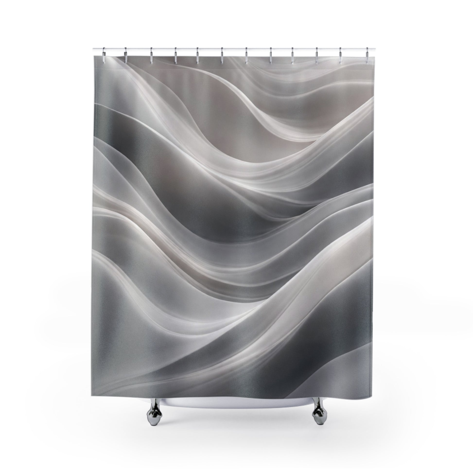 Abstract gray waves shower curtain featuring soft marble swirl design, ideal for modern bathroom decor.