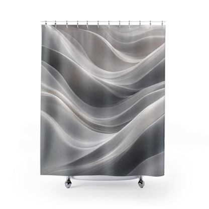 Abstract gray waves shower curtain featuring soft marble swirl design, ideal for modern bathroom decor.