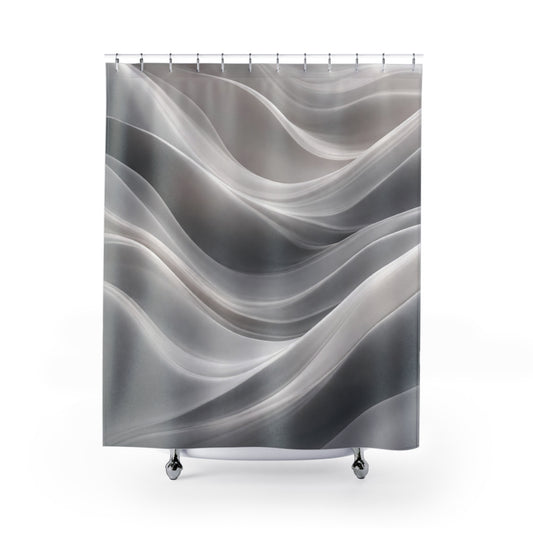 Abstract gray waves shower curtain featuring soft marble swirl design, ideal for modern bathroom decor.