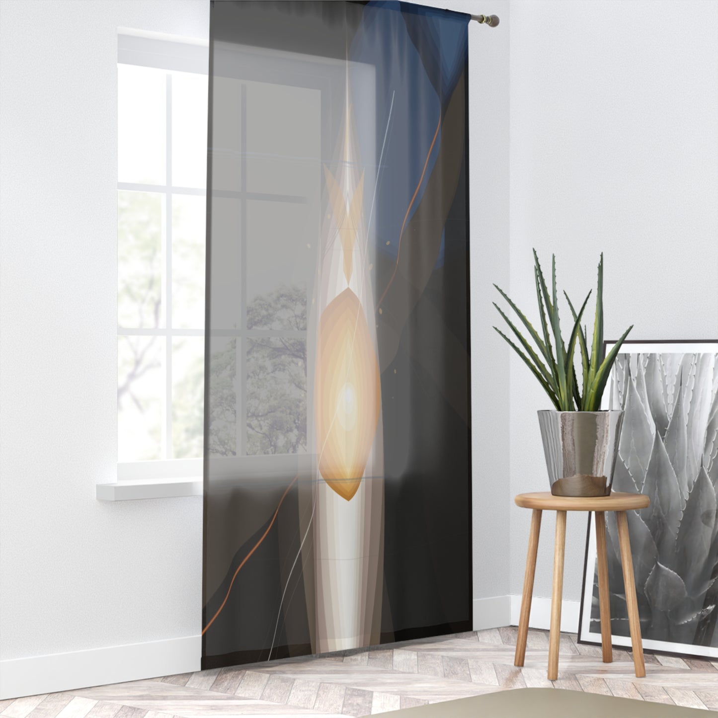Abstract golden orb window curtain featuring modern geometric sheer panel, ideal for stylish home decor.