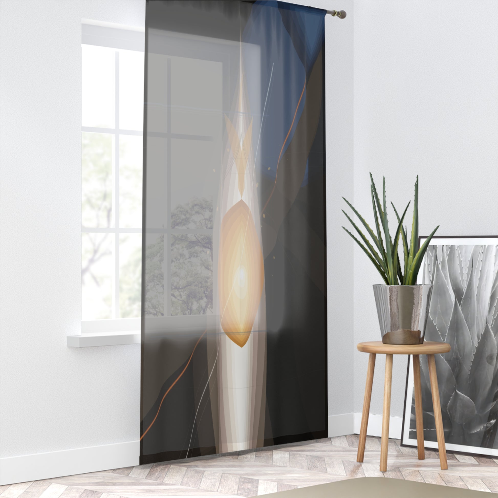 Abstract golden orb window curtain featuring modern geometric sheer panel, ideal for stylish home decor.