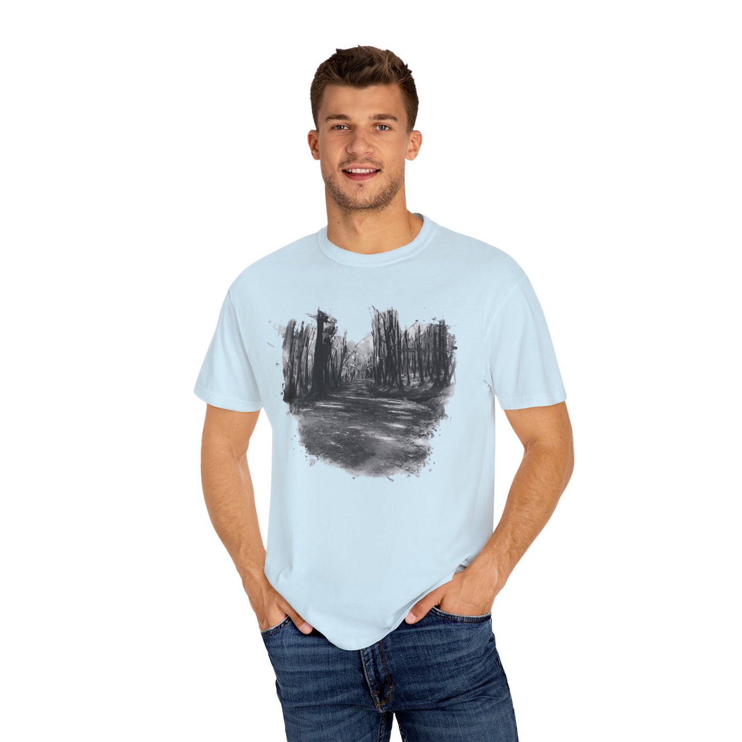 Artistic Forest Scene T-shirt | Nature Lover Gift, Outdoor Adventure Tee, Eco-Friendly Fashion, Vintage Inspired Clothing, Unisex Gift - TRV