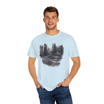 Artistic Forest Scene T-shirt | Nature Lover Gift, Outdoor Adventure Tee, Eco-Friendly Fashion, Vintage Inspired Clothing, Unisex Gift - TRV