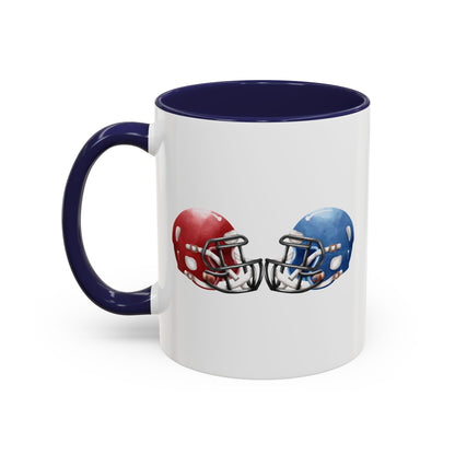 Football Helmet Coffee Mug — Red vs Blue Rivalry Accent Mug (11/15oz)