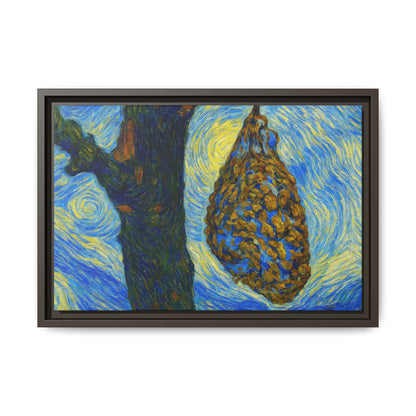 Framed Matte Canvas Art — Van Gogh-Style Swirling Night with Hanging Beehive